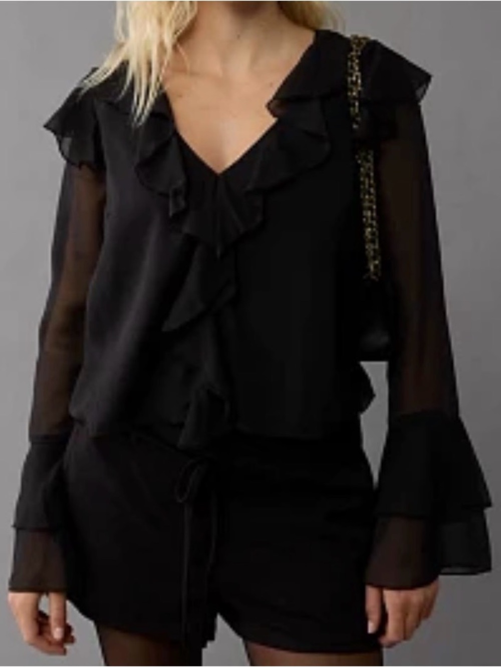 American Eagle Outfitters Black Ruffle V-Neck Sheer Sleeve Blouse - Picture 1 of 7